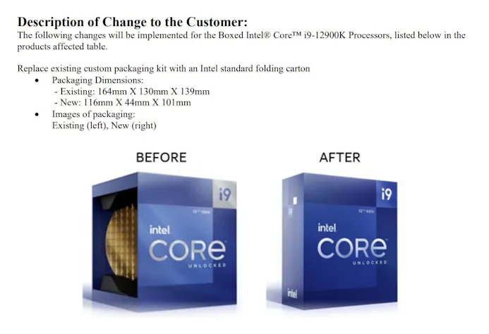 Screenshot uit een officieel bericht van Intel naar retailers, waarin de aanpassing van de luxere verpakking wordt aangekondigd.