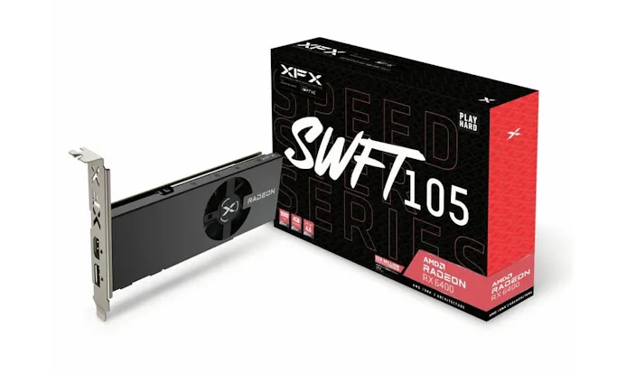 Productfoto van de XFX RX 6400 Swift 105-videokaart, inclusief bijbehorende doos.