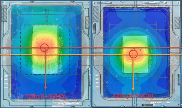 Thermische foto van twee Alder Lake-processoren, met aanzienlijk verschillende 'hotspots'.