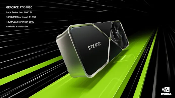 Een eerste presentatieslide met definitieve details over Nvidia's GeForce RTX 4080-gpu.