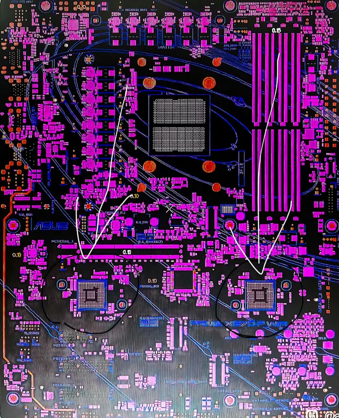 Gelekte blauwdruk van Asus' Prime X670-P-moederbord, waarop de twee B650-chipsets uitgelicht zijn.