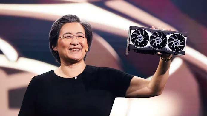 Foto van Dr. Lisa Su, CEO van AMD, tijdens de onthulling van de Radeon RX 6000-videokaarten.