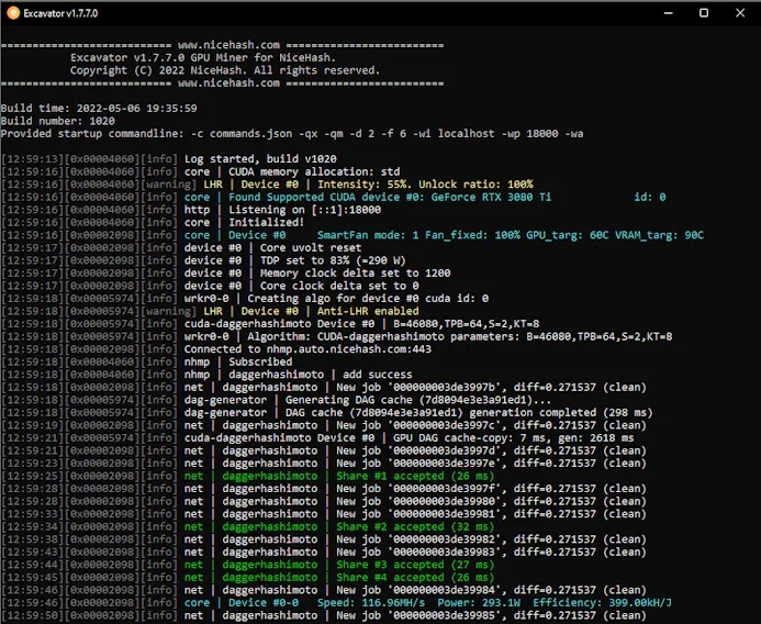 Screenshot van de NiceHash QuickMiner Excavator-software, welke met een recente versie de LHR-blokkade van populaire Nvidia-kaarten zou kunnen omzeilen.