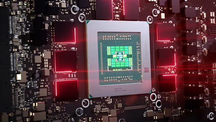 Render van een Navi 2X-chip op een AMD Radeon-videokaart.