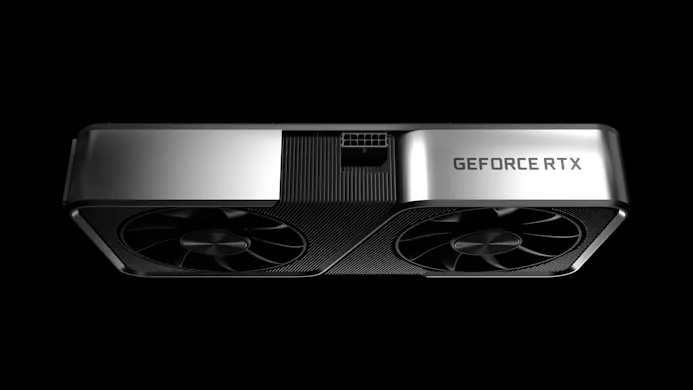 Render van de zijkant van een GeForce RTX 3080-videokaart van Nvidia.