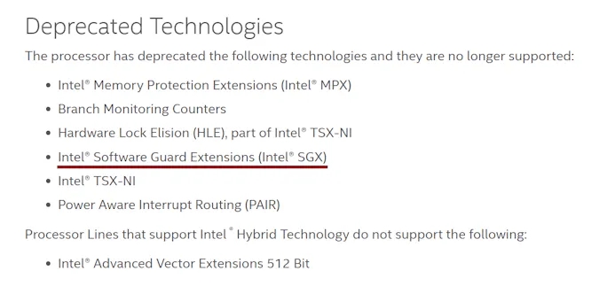 Screenshot van de 'verouderde technologie' die niet meer op Intel Alder Lake-cpu's gevonden kan worden, met Intel SGX onderstreept.