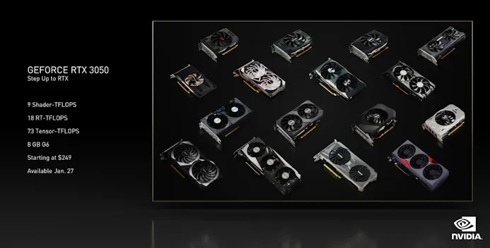Korte specifcatiesheet van Nvidia's GeForce RTX 3050, inclusief enkele voorbeelden van partnerdesigns.