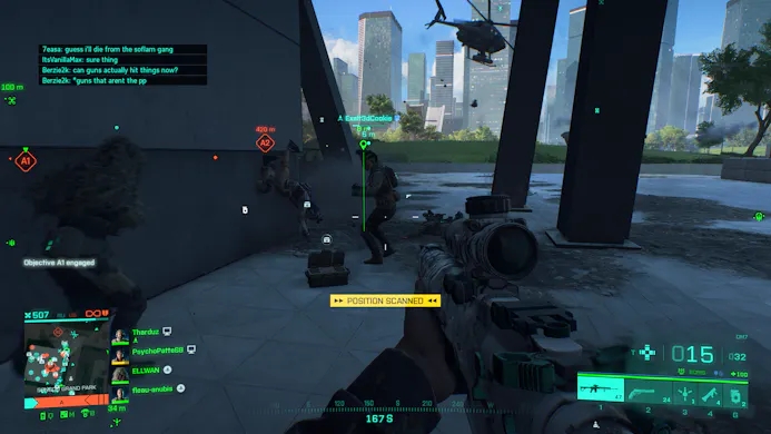 In-game screenshot van chaos bij het bestormen van een Battlefield 2042-basis.