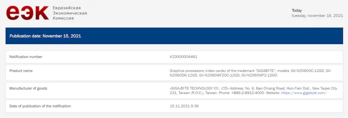 EEC-indexering van vier nieuwe Gigabyte-videokaarten, vermoedelijk nieuwe varianten van Nvidia's GeForce RTX 2060.