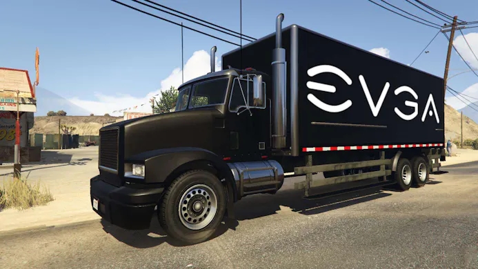 Een Grand Theft Auto-vrachtwagen met het EVGA-logo op de zijkant.