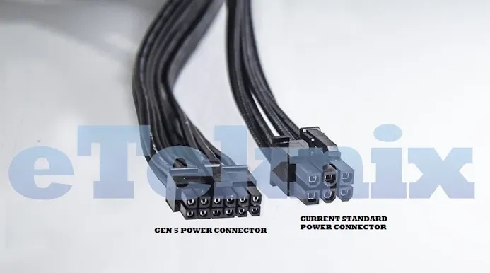 Foto van de huidige standaard PCIe-stroomconnector naast de zogenaamde 12-pins Gen 5-stroomkabel..
