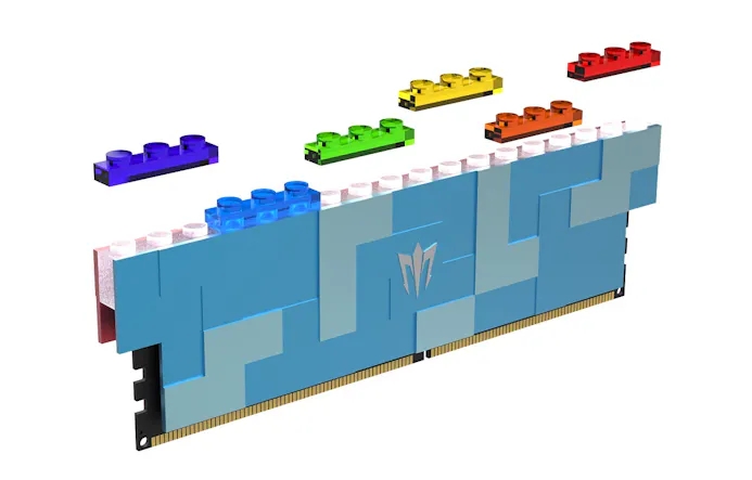 Render van een blauwe Galax Gamer RGB DDR5-geheugenschijf met Lego-compatibele nopjes.
