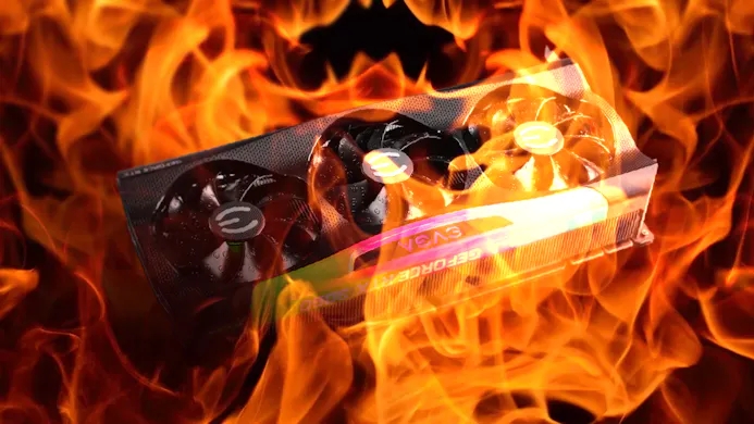 Illustratie van een RTX 3090-videokaart van EVGA in een vlammenzee.