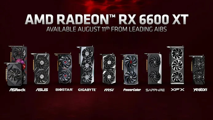 Compilatie van verschillende partnerdesigns voor AMD's Radeon RX 6600 XT-gpu.