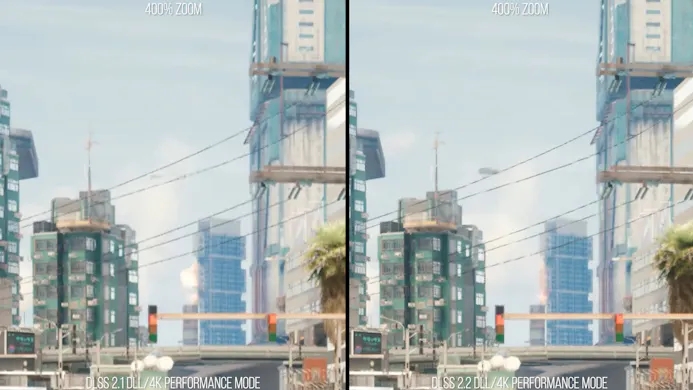Zij-aan-zij vergelijking van twee verschillende Nvidia DLSS-versies in Cyberpunk 2077.