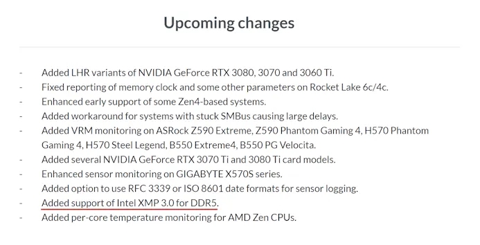 Screenshot van de aanstormende changelog van de HWiNFO-software. De zin 'Added support of Intel XMP 3.0 for DD5' is onderstreept.