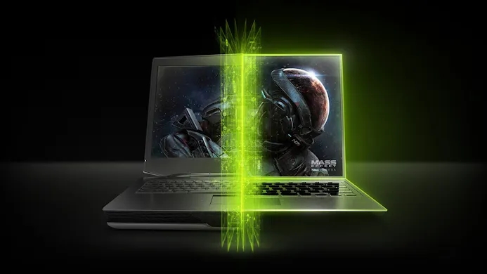 Tweezijdige afbeelding van een NVIDIA-laptop, welke aantoont hoe gamelaptops tegenwoordig steeds dunner en strakker kunnen worden.