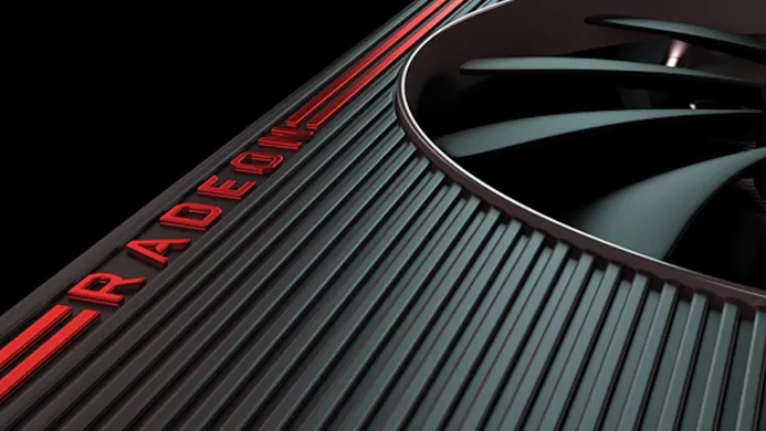 Close-up 3D-render van een AMD Radeon-videokaart.