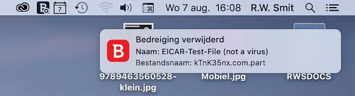 Bitdefender - hier in de macOS-versie - heeft het EICAR testvirus betrapt!
