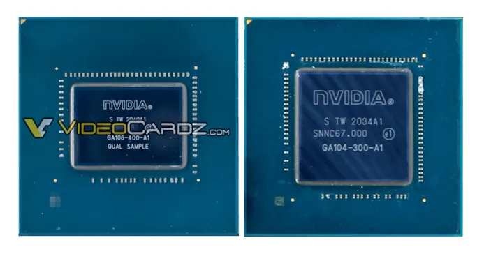 Close-up foto's van twee GA106-chipsets van Nvidia, waarvan de kleinere bedoeld is om geïntegreerd te worden in (onder meer) de Nvidia GeForce RTX 3060-videokaart.