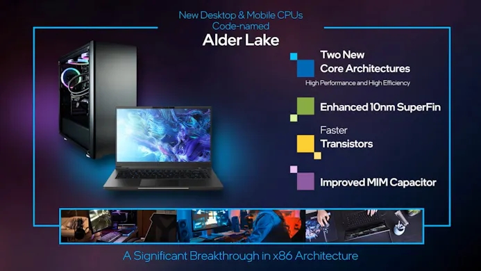 Promotie-afbeelding die de nieuwe Alder Lake-generatie van Intel-processoren voorziet van details.