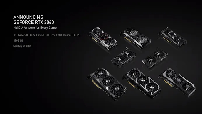 Verzamelfoto van een presentatie over de GeForce RTX 3060-videokaart van Nvidia.