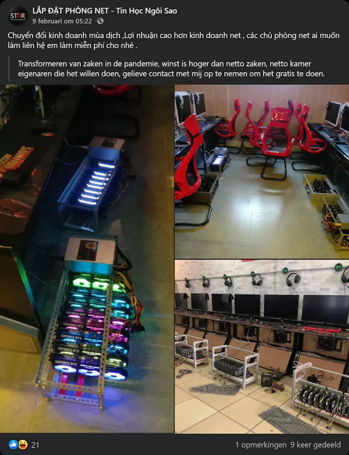 Facebook-bericht (plus Nederlandse vertaling) van een Vietnamese uitbater van een internetcafé. Op de bijgesloten foto's is te zien hoe de computers omgebouwd zijn om crypto-valuta te delven.