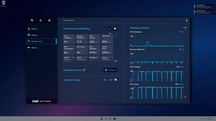 Screenshot van de Intel Arc Control-software in een Windows 11-omgeving.