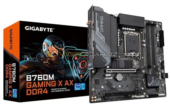 Gelekte productfoto van Gigabyte's B760M Gaming X AX-moederbord met DDR4-werkgeheugen.
