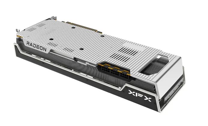Render van de onderzijde van XFX Merc 310-model voor AMD's Radeon RX 7000-gpu's.
