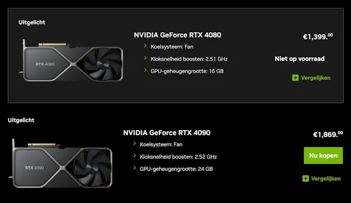 Screenshot van Nvidia's eigen webwinkel in de Benelux, waar de RTX 4080 en RTX 4090 nu voor een licht verlaagde vraagprijs aangeboden worden.