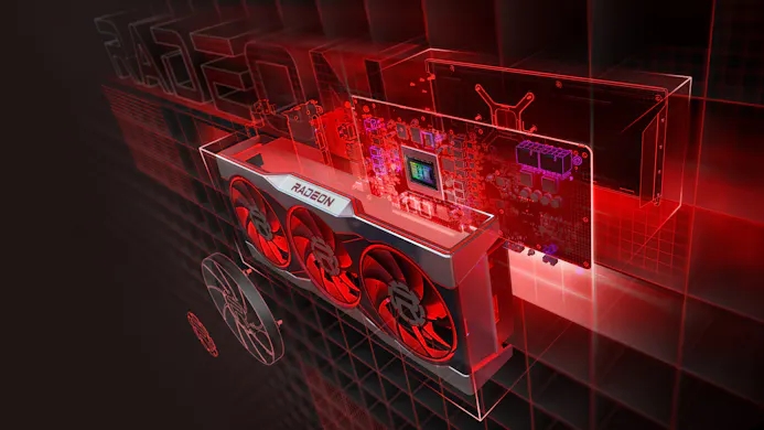 Promotionele render rondom de Radeon RX 6000-generatie videokaarten van van AMD.
