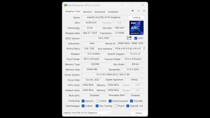 GPU-Z-specificaties van een Intel Arc A770 met 16 GB geheugen, waarbij de kloksnelheden lager liggen dan Intel oorspronkelijk had beloofd.