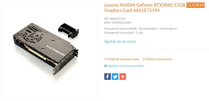 Screenshot van de Slowaakse Lenovo-webwinkel, waar een RTX 3060-videokaart aan wordt geboden met GDDR6X-geheugen, in plaats van het voor de kaart gebruikelijke GDDR6.