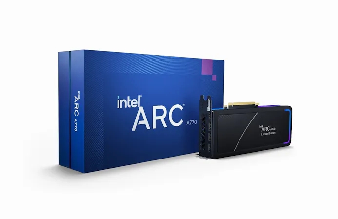 Render van de Intel Arc A770 Limited Edition-videokaart van Intel zelf, inclusief de bijbehorende verpakkingsdoos.