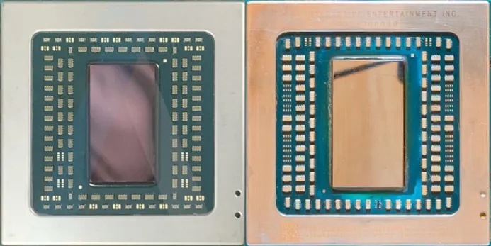 Zij-aan-zijvergelijking van de Oberon Plus (links) en Oberon (rechts) chipsets van de PlayStation 5. Oberon Plus valt iets kleiner uit, door het gebruik van een 6 nanometer node tegenover de originele 7 nanometer.