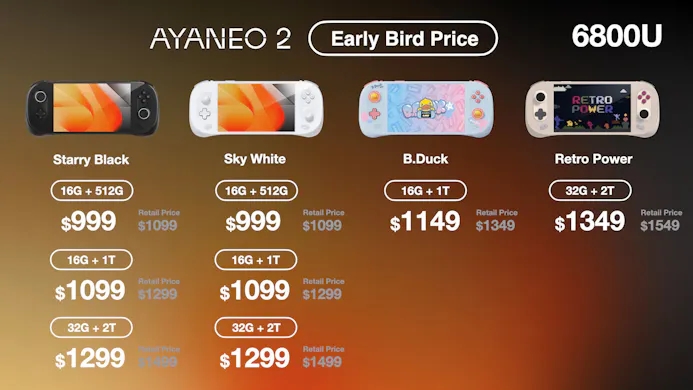 Prijsoverzicht voor verschillende uitvoeringen van de Ayaneo 2-handheld.