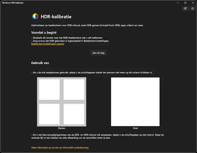 Screenshot van de Windows HDR Calibration-app, waarin hdr-beeldschermen vanuit Windows 11 geijkt kunnen worden voor hdr-content.