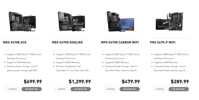Overzicht van MSI's eerste vier X670-moederborden, inclusief respectievelijke adviesprijzen in dollars.