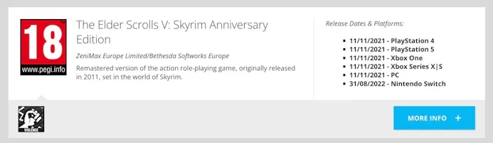 Skyrim Anniversary Edition Nintendo Switch leeftijdskeuring
