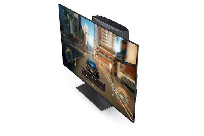 Geanimeerde GIF-afbeelding waarop de LG Oled Flex buigbare monitor middels een mechanisme automatisch afgebogen wordt.