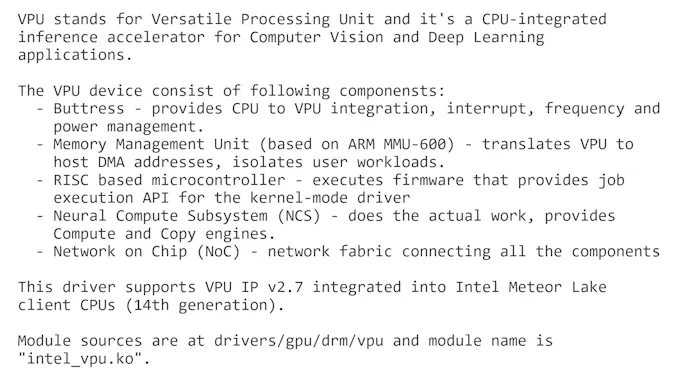 Screenshot van een nieuw codesegment voor Intels Linux-drivers, waarin de introductie van een Versatile Processing Unit uitgelekt lijkt voor de aanstaande Meteor Lake-generatie.