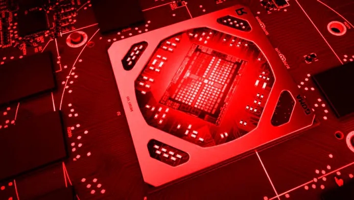 Promotionele afbeelding van een budget-gpu van AMD, gebouwd op de Navi-architectuur.