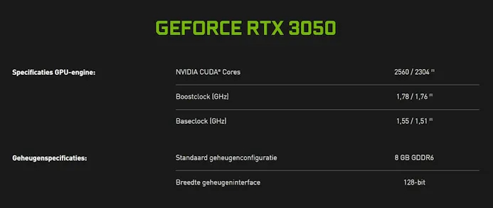 Enkele specificaties van Nvidia's GeForce RTX 3050-gpu, welke klaarblijkelijk in twee verschillende varianten komt, met verschillende hoeveelheid (reken)kernen.
