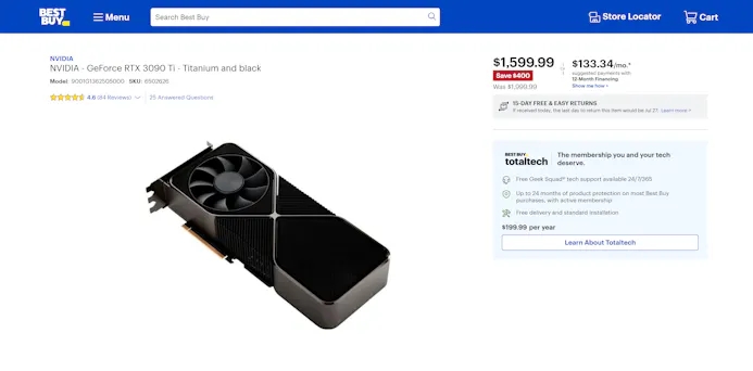 Screenshot van de verkooppagina van Nvidia's GeForce RTX 3090 Ti Founders Edition-videokaart, welke schijnbaar voor vierhonderd dollar onder de adviesprijs wordt aangeboden.