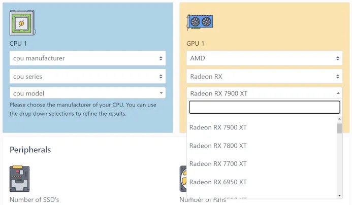 Screenshot van de Wattage Calculator van Seasonic, waarin ook drie nog onverschenen RX 7000-videokaarten uit te kiezen zijn.
