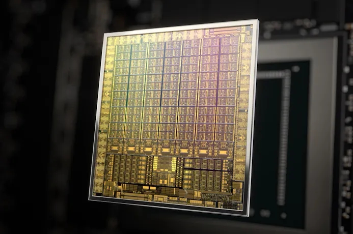 Render van een Ampere-gpu van Nvidia, te vinden in de RTX 30-generatie aan videokaarten van de fabrikant.