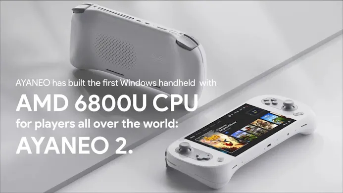 Render van de Ayaneo 2-handheld, met begeleidende tekst over de introductie van de AMD Ryzen 7 6800U-apu