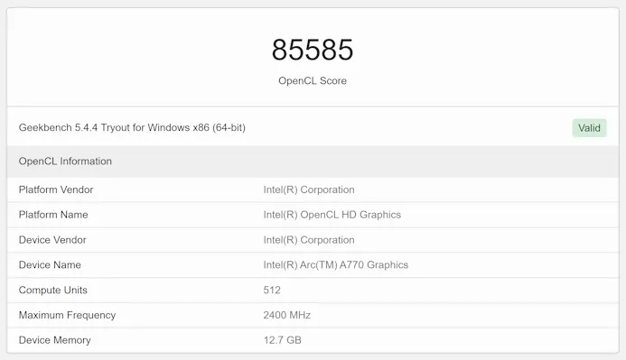 Screenshot van de Geekbench-resultatenpagina van een systeem met Intel Arc A770-videokaart, welke een OpenCL-score van 85585 behaalde.