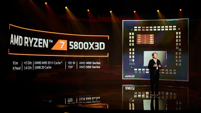 Screenshot uit de CES 2022-livestream van AMD, waar de Ryzen 7 5800X3D-cpu onthuld werd.